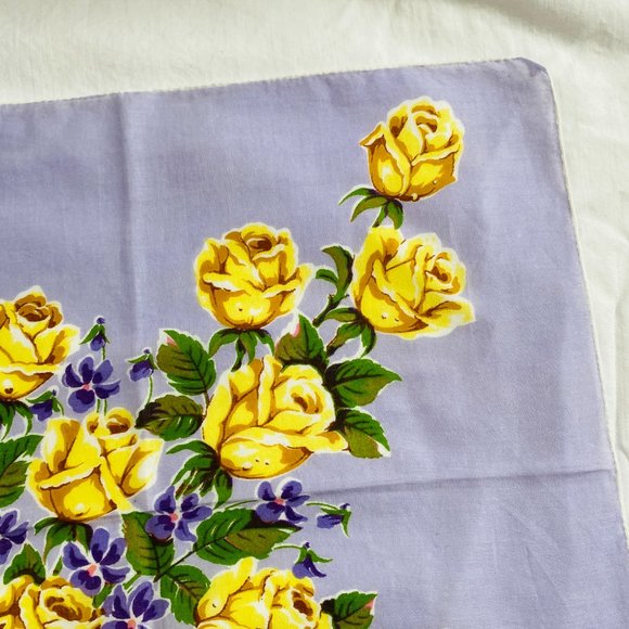 Vintage MCM Handkerchief Floral Bouquet Purple Violets Yellow Roses Rolled Edge - Picture 4 of 7